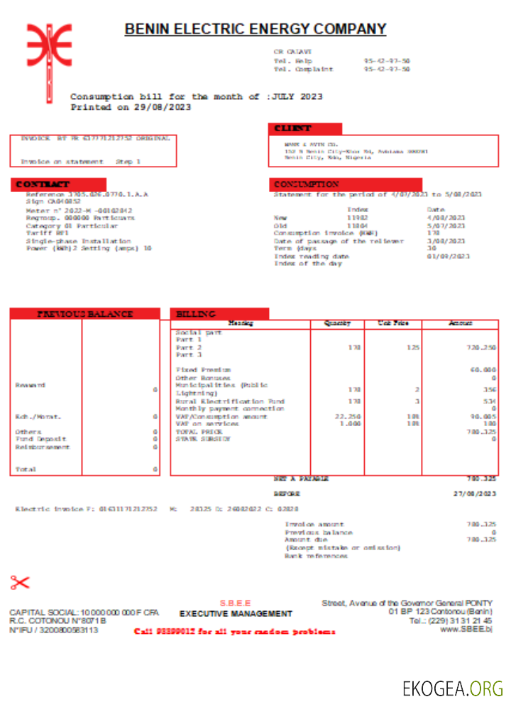 Société de distribution d'électricité du Bénin Plc. facture d'entreprise de services publics SCR